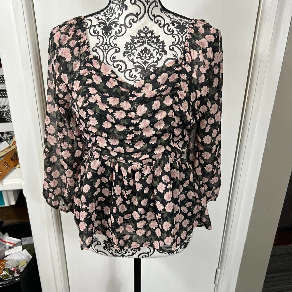 American Eagle black and pink floral off shoulder peplum blouse.